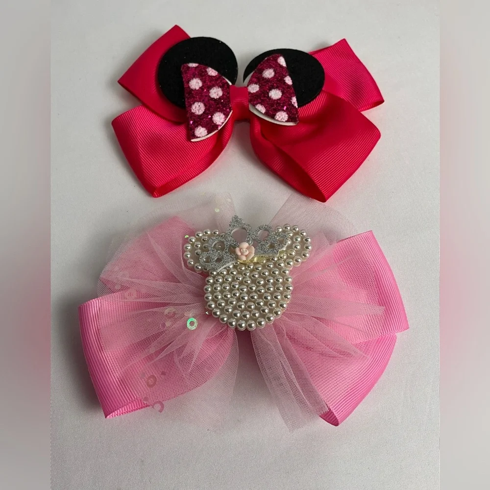 2 Mickey Mouse Minnie Mouse Pink and Red Hair Bows with hair bows and sequins